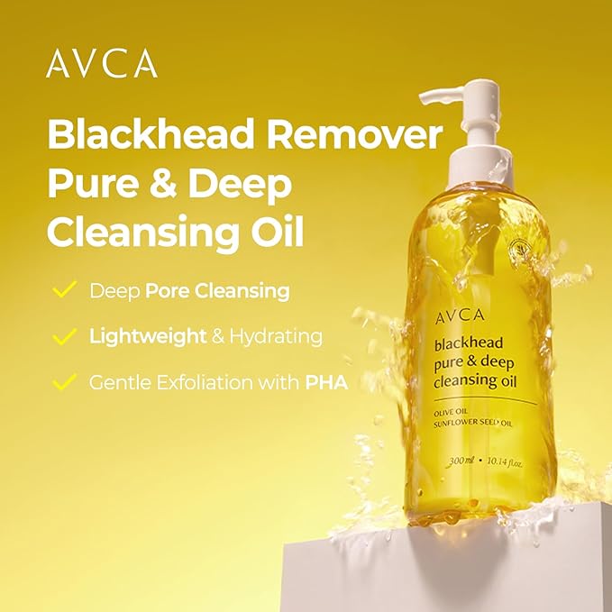 AVCA Jumbo Size Blackhead Remover Cleansing Oil 10.14 fl oz (300ml) – K-Beauty Pore Care Cleanser with PHA, Dissolves Makeup & Sebum, Gentle Exfoliating Oil Cleanser for Oily & Normal Skin