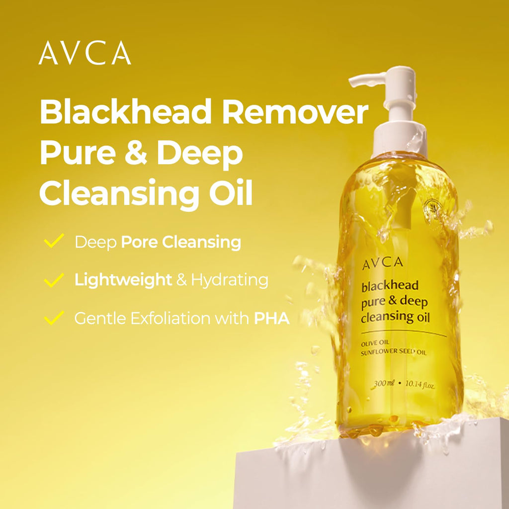 AVCA Jumbo Size Blackhead Remover Cleansing Oil 10.14 fl oz (300ml) – K-Beauty Pore Care Cleanser with PHA, Dissolves Makeup & Sebum, Gentle Exfoliating Oil Cleanser for Oily & Normal Skin