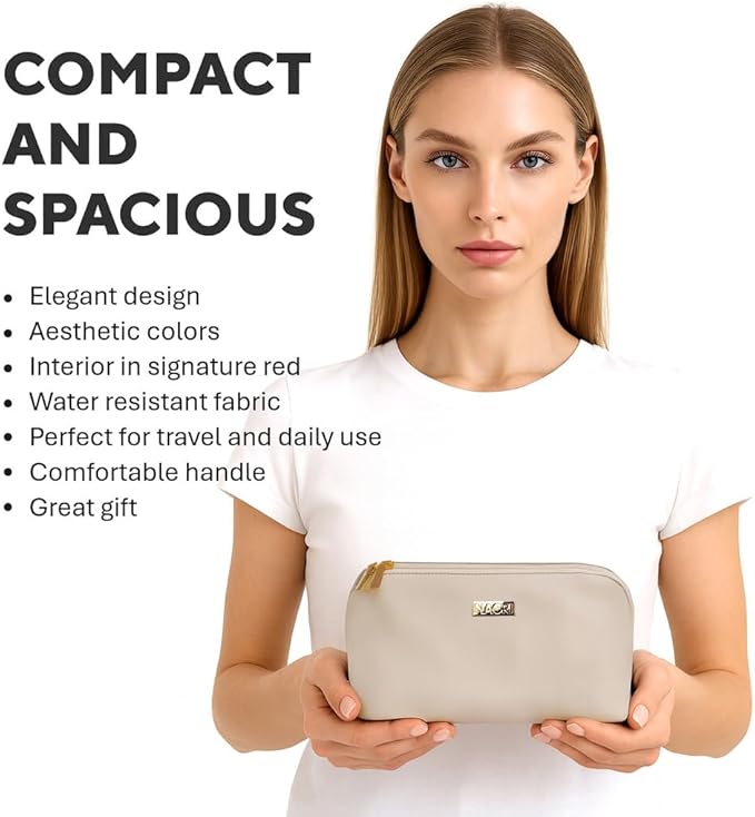 NAORI Travel Makeup Bag for Women | Large Luxury Cosmetic Organizer with Handle & Inner Pockets | Waterproof Faux Leather Toiletry Bag | Makeup Case for Home, Travel & Gifting (Creamy Beige)