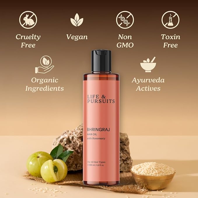 Life & Pursuits Bhringraj Hair Oil, 6.8 Fl Oz – Ayurvedic Hair Growth Oil for Men & Women, Natural Scalp Oil for Hair Fall, Dry Itchy Scalp, Frizzy Curly Hair, Weak Roots, Rosemary, Amla & Tea Tree