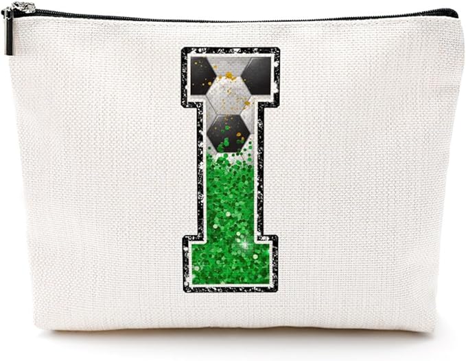 CQM Soccer Gifts Initial Makeup Bag Soccer Girl Gifts Cosmetic Bag Letter I