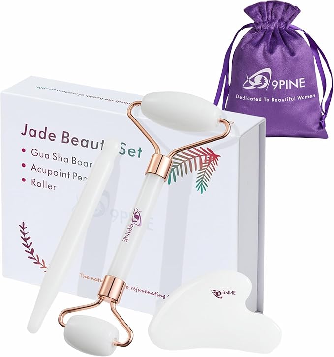 9 9PINE Valentines Day Gifts for Women,Wife,Girls,3-in-1 Gua Sha & Jade Roller Facial Tools Set -Jade Roller & Gua Sha Kit& Facial Massage PenFacial Massage Device for Skincare, Best Gift (White)