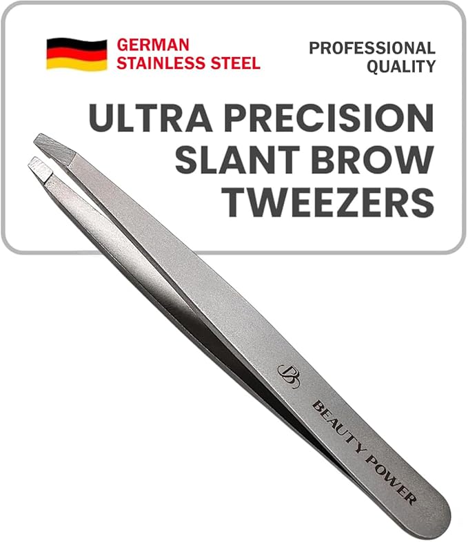 Beauty Power Tweezers for Women Facial Hair: Ultra Precision Tweezers for Women & Men, Sharp Slant Tweezer for Eyebrows, Ingrown Hair Removal. Professional Plucker + Case, German Stainless Steel Gray