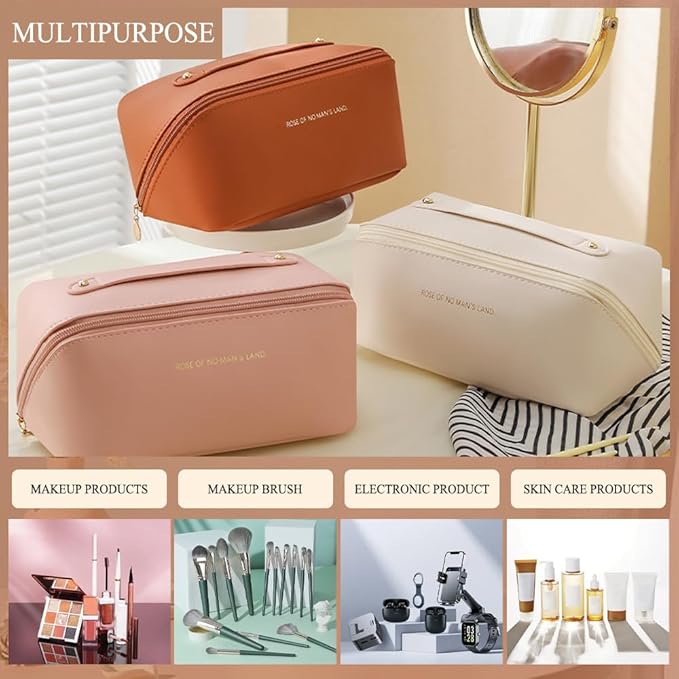 SUILU Makeup Bag Cosmetic Bag,Portable Pouch Open Flat Toiletry Bag Make up Organizer with Divider, Handle and small cosmetic bag Travel Essentials (Ivory)