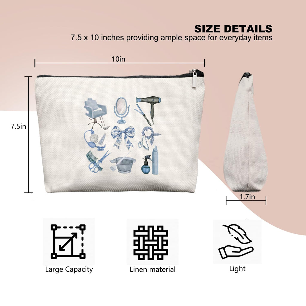 EKGJW Blue Chinoiserie Bow Hairstylist Makeup Bag, Cosmetology Student Gift for Women, Cute Hairdresser Travel Pouch, Aesthetic Blue Toile Salon Organizer for Teen Girls, 7.5 x 10 in
