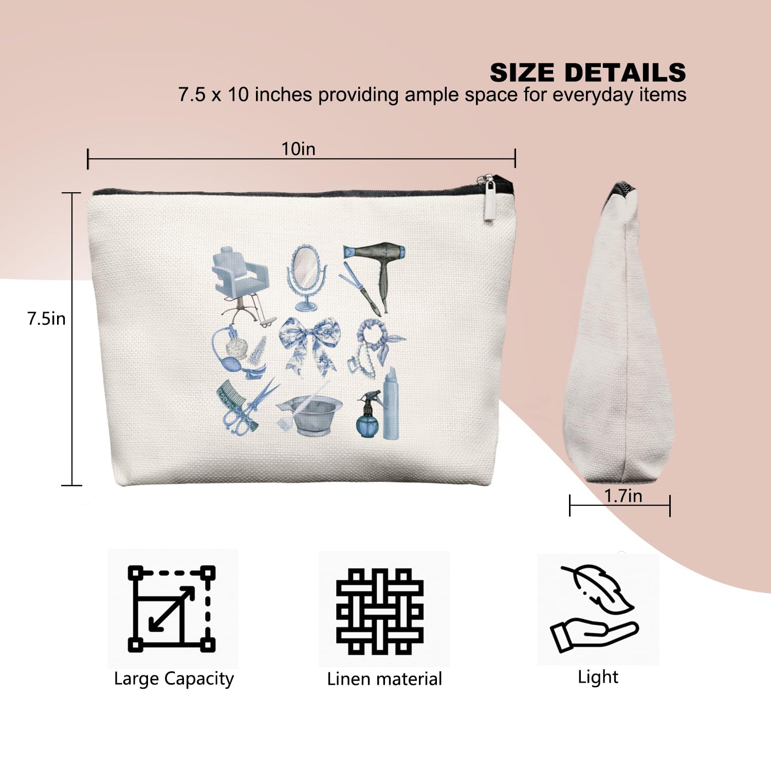 EKGJW Blue Chinoiserie Bow Hairstylist Makeup Bag, Cosmetology Student Gift for Women, Cute Hairdresser Travel Pouch, Aesthetic Blue Toile Salon Organizer for Teen Girls, 7.5 x 10 in