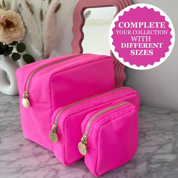 Large Pink Makeup Bag – Nylon Cosmetic Pouch, Travel Makeup Organizer Case, Spacious Makeup Bag for Toiletries, Beauty Essentials & Cosmetics