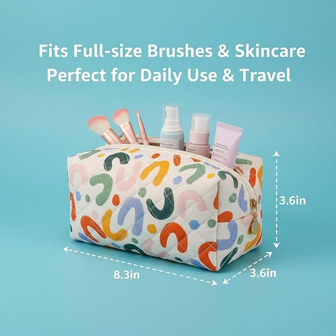 OIMEI Floral Quilted Cotton Makeup Bag for Women, Large Capacity Travel Cosmetic Pouch with Zipper, Cute Toiletry & Brush Organizer, Kawaii Makeup Storage Case – Colorful