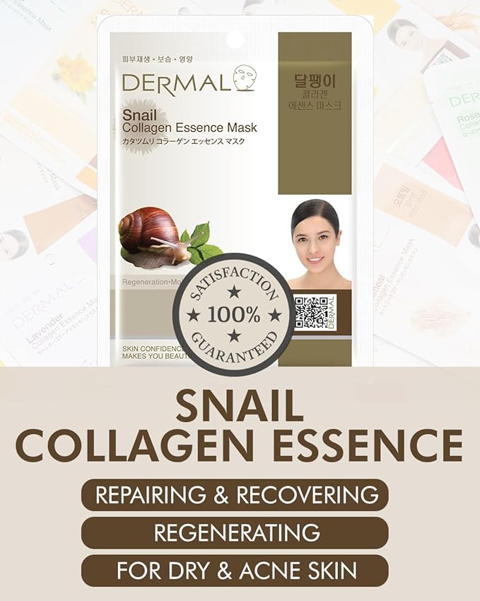 DERMAL Snail Mucin Collagen Korean Essence Sheet Mask, 23g, 10 Pack