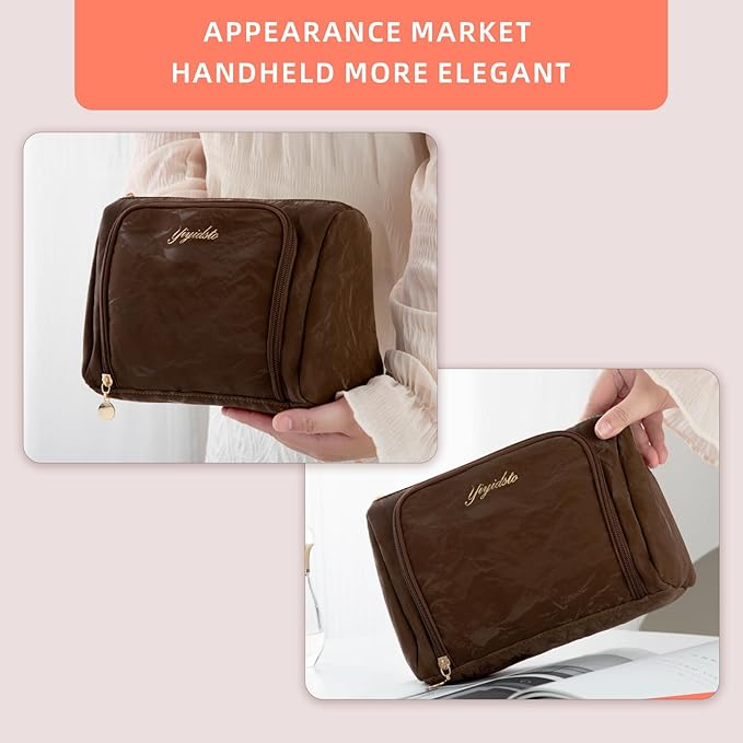 YIYIDSTO Cosmetic Bag Travel Makeup Bag Large Capacity Small Travel Zipper Pouch Makeup Organizer Bag for Women (Brown-2 Pack)