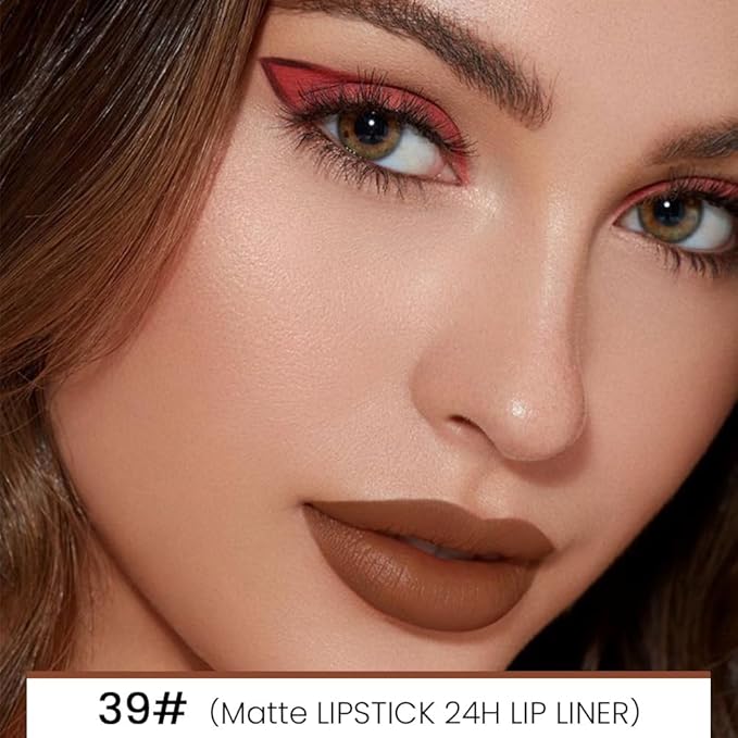 Kaely 2-in-1 Dark Deep Brown Matte Lip Liner & Lipstick Combo Set Kit for Women, Magic Neutral Lipstick 24 Hours Original Lips Liner Pencil Stain Gloss Makeup Long Lasting Waterproof 39