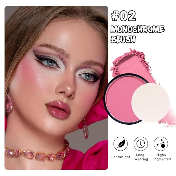 HHLTOH Natural Single Matte for Face Cheeks Blush with Makeup Powder Puff, Pink Red Monochrome Blush Cream Powder Makeup Palette Blushes Long-lasting Color Blendable Foundation for Women Every Day 02