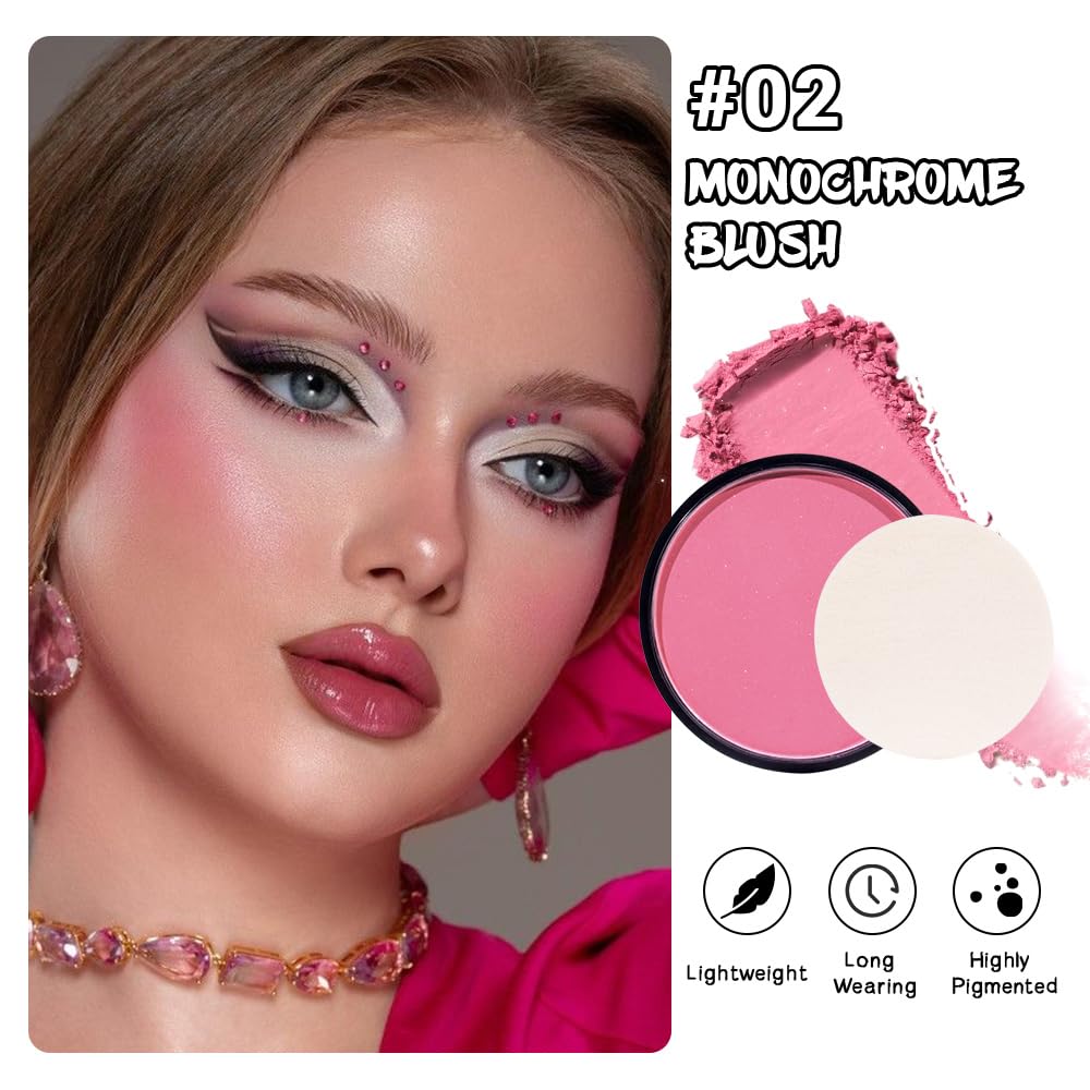 HHLTOH Natural Single Matte for Face Cheeks Blush with Makeup Powder Puff, Pink Red Monochrome Blush Cream Powder Makeup Palette Blushes Long-lasting Color Blendable Foundation for Women Every Day 02