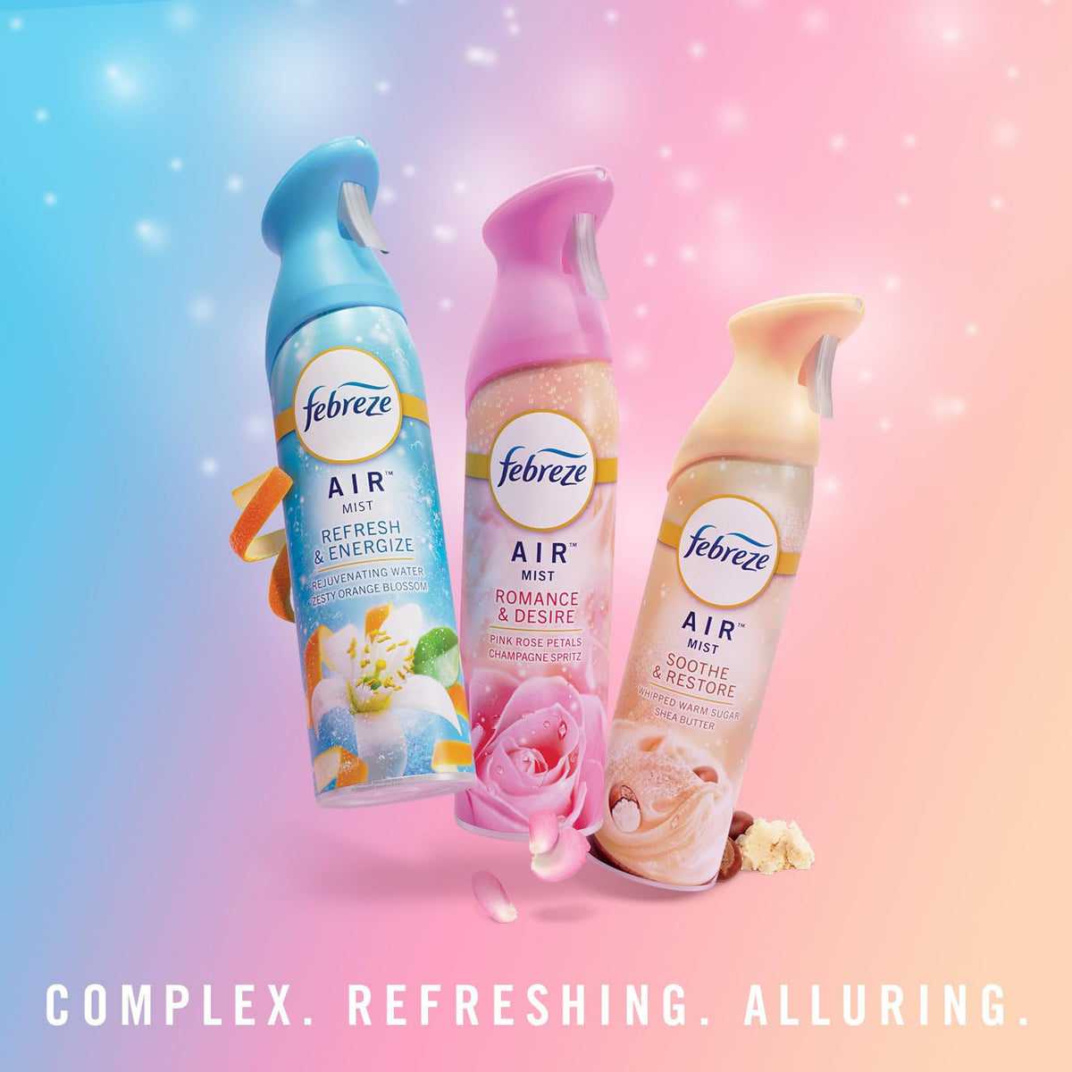 Febreze Air Mist Air Freshener Spray, Odor-Fighting Room Spray for Home and Bathroom and Kitchen, Aerosol Can, Refresh & Energize, Soothe & Restore, Romance & Desire Scent, 8.8oz, 3 Count