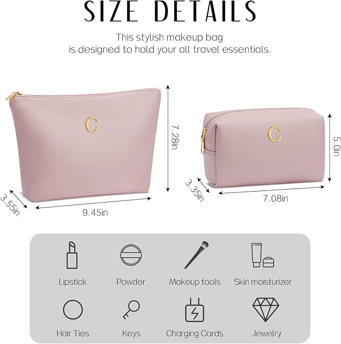 Women Gifts | Initial Makeup Bag Set for Girl Personalized Gifts for Bridesmaid Friend Graduation Teachers PU Leather Cosmetic Travel Toiletry Bag(Pink,C)