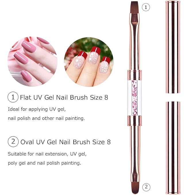 Ycyan 2Pcs Dual-ended UV Gel Nail Brush Set Rhinestone Handle Nail Art Design Brushes Professional Nail Tools Rose Gold