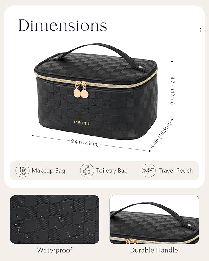 Prite Makeup Bag Travel Cosmetic Case, Women Toiletry bag, Checkered Black