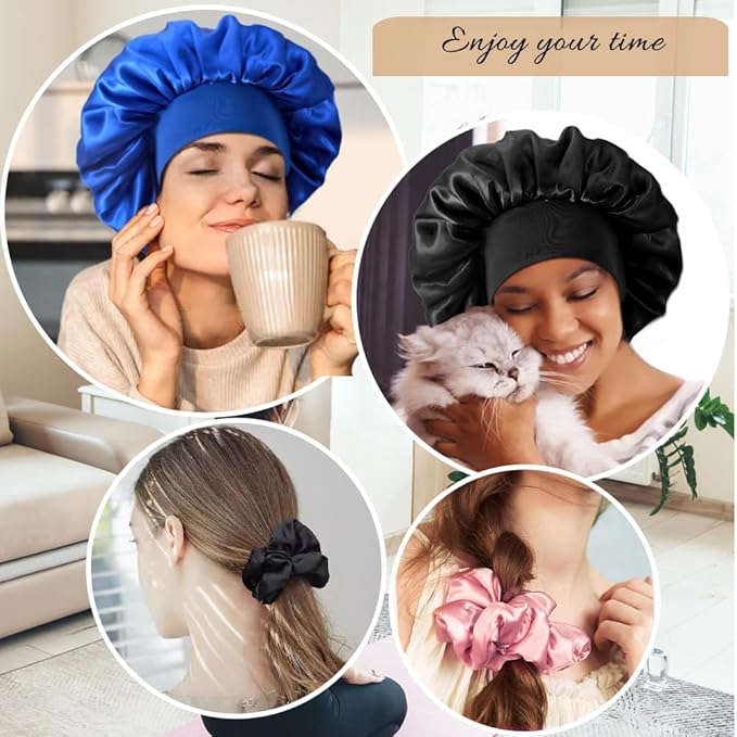 3+3 Large Satin Bonnets with Scrunchies for Women, Wide Band Hair Bonnet for Sleeping Braids Curly Hair, C