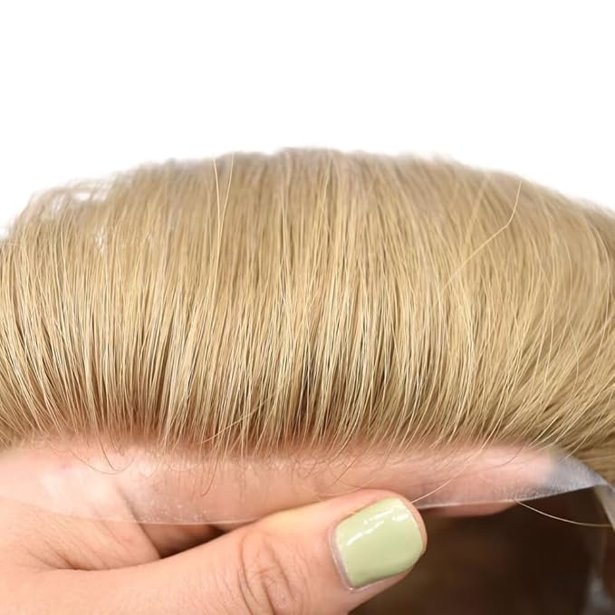 Mens Toupee Human Hair Piece French Lace Toupee for Man Hair System Indian Human Hair Replacement Systems V-Looped PU Front Hairpieces 6"X8" #20 light ash blonde