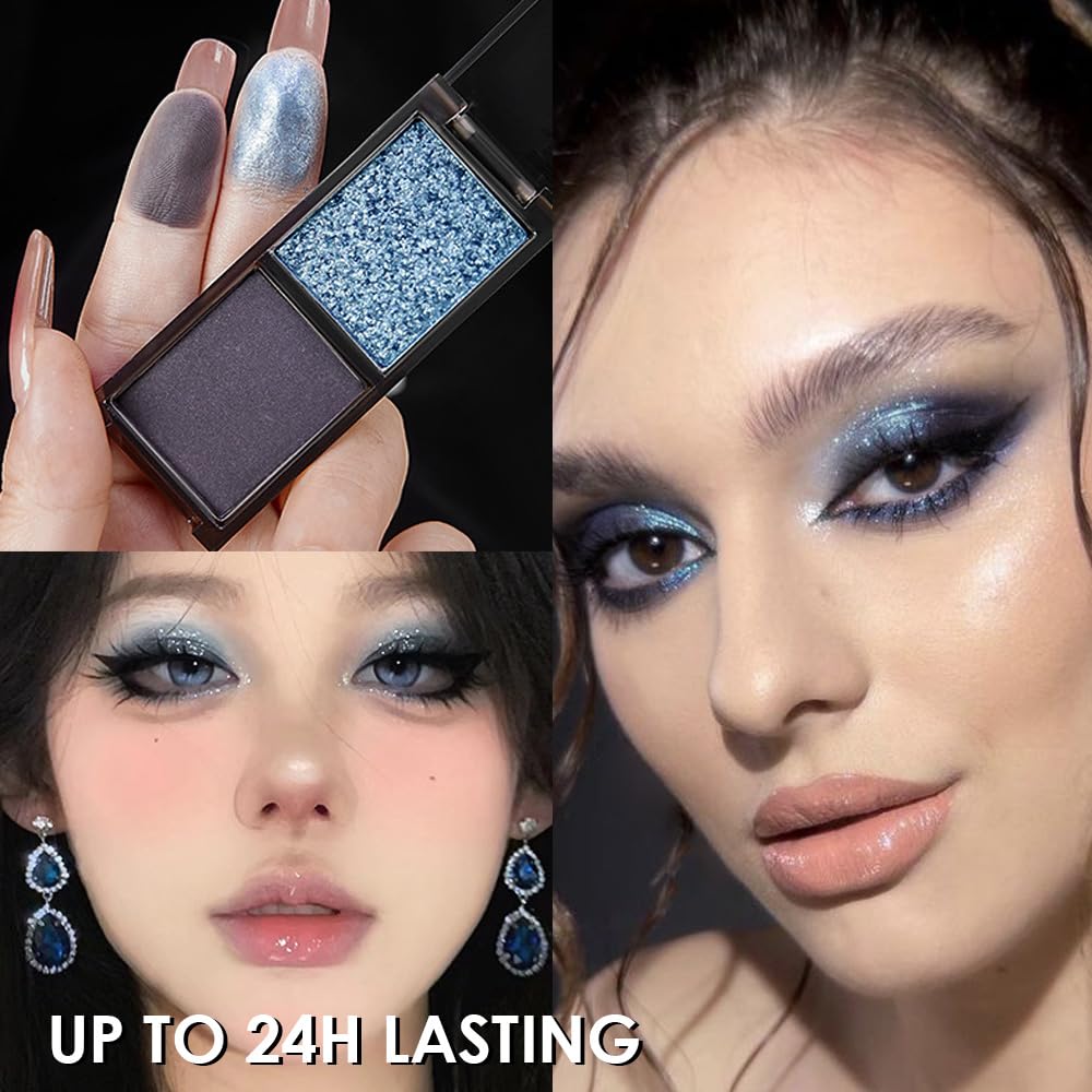 CAKAILA Blue Black Two Color Matte Shimmer Glitter Eyeshadow,Bright Eye Shadow Powder,Professional Long-Lasting Waterproof Makeup Palette,Blendable,Easy-To-Apply and Compact for Travel