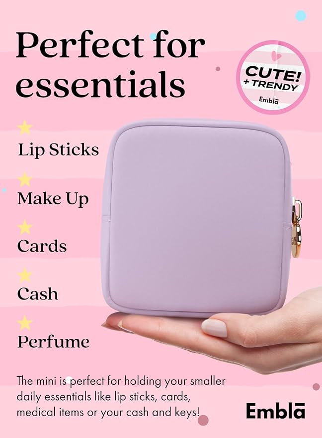Embla Small Makeup Bag for Purse, Mini Waterproof Nylon Cosmetic Pouch, Durable and Lightweight Travel Toiletry Bag with Smooth Zipper, Lavender