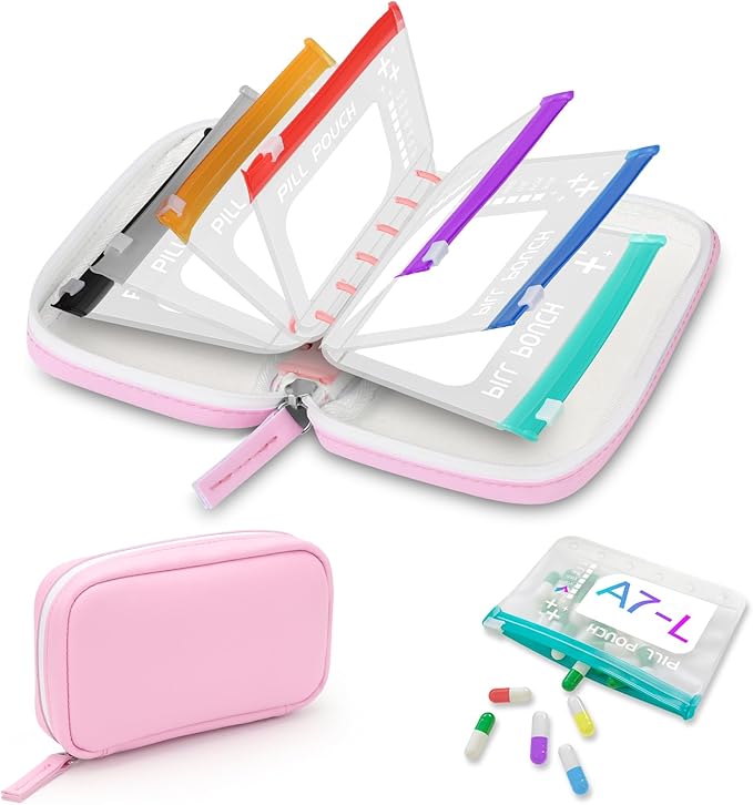 Timueetech A7 Waterproof Pill Organizer with 7 PCS L Size Zippered Pill Pouches for A7 Binder, Large BPA-Free Weekly Medicine Organizer, Color-Coded Reusable Travel Pill Storage System