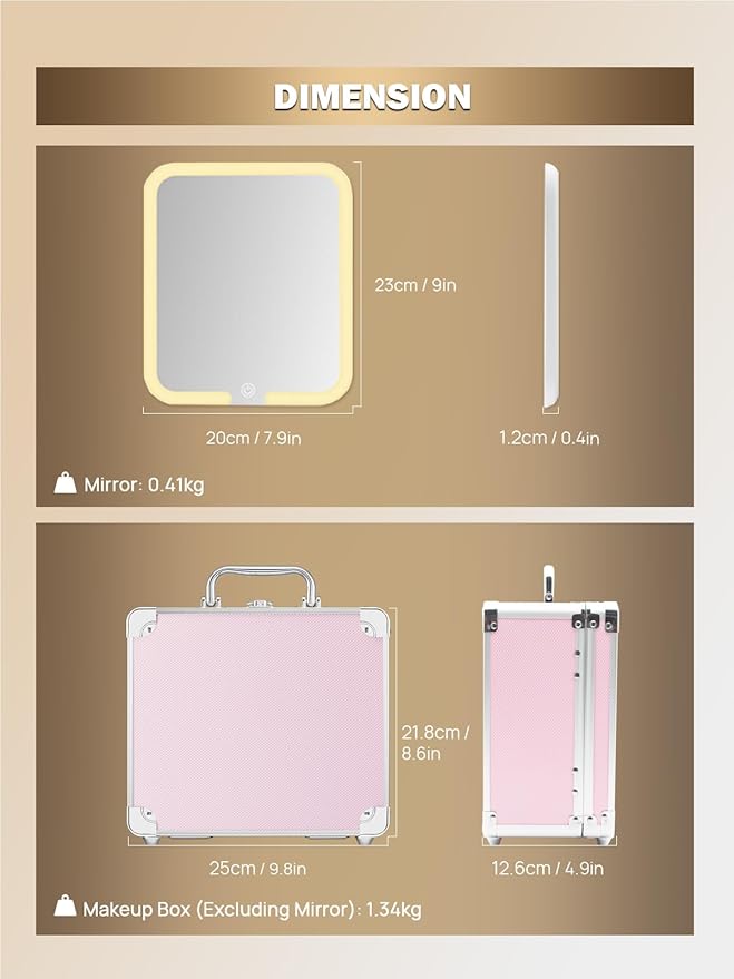 OMIRO Makeup Case, Makeup Bag with Light Up Mirror Set, Makeup Organizer Bag with Magnet Makeup Mirror for Women and Girls(ClassicPink)