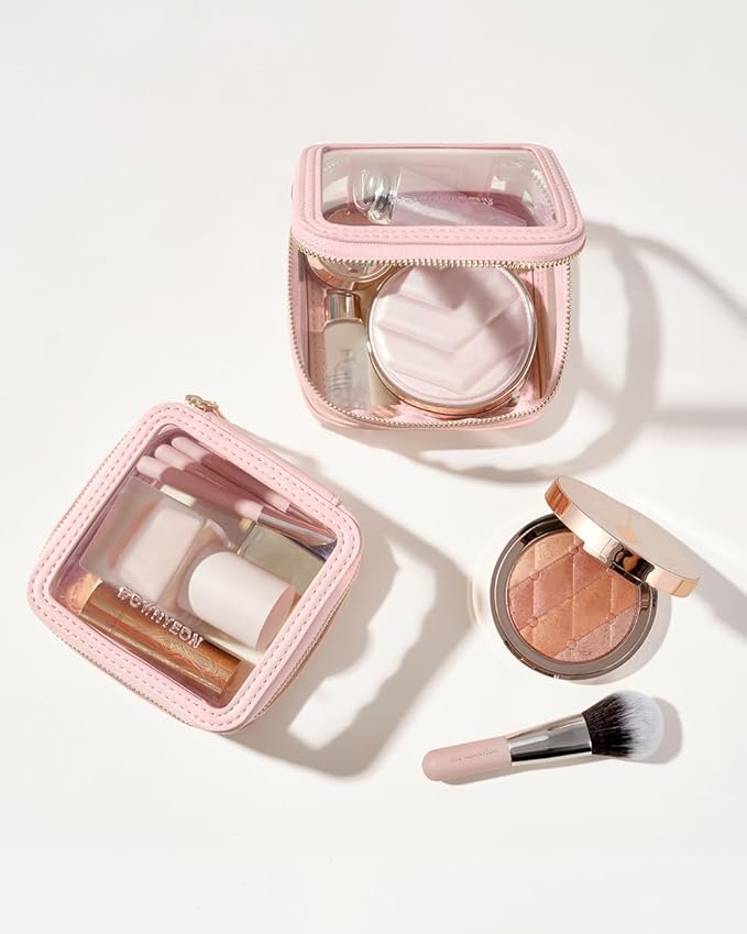 Camdeez Rownyeon Clear Cosmetic Bag Mini Makeup Bag Cute Clear Make Up Organizer Case Travel Toiletry Bag Small Pouches for Women with Zipper (Pink, Mini)
