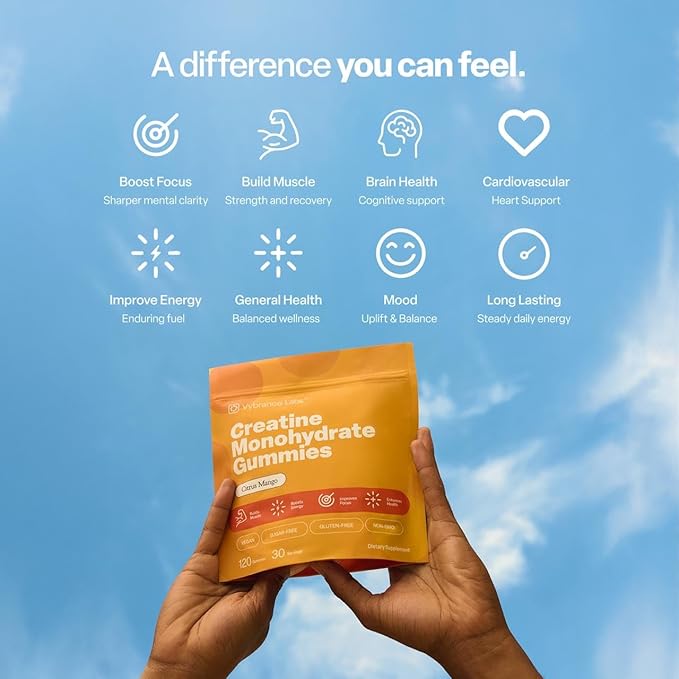 VYBRANCE LABS Creatine Monohydrate Gummies for Women | 5g per Serving, Sugar-Free | Taurine + Vitamin B12 | Strength, Energy & Focus Support | Vegan | Also for Men | Citrus Mango