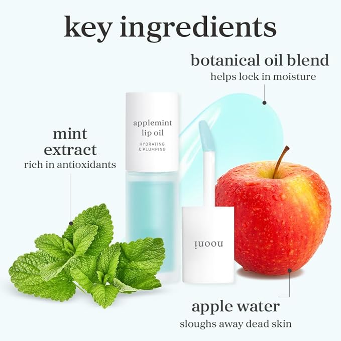 NOONI Korean Lip Oil - Applemint | Long-Lasting, Moisturizing, Plumping, Revitalizing for Dry Lips, Waterproof, No Peel Off, Hydrating, Nourishing Crystal Clear Lip Stain, 0.12 FL Oz