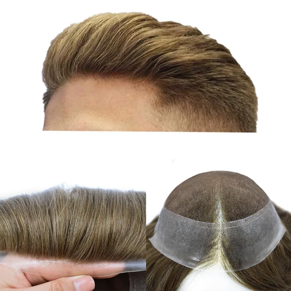 FACE MIRACLE Toupee for Men French Lace Hairpiece Human Hair Replacement System Skin PU Mens Toupee Hair Wigs for Man V-Looped Front Hair Prosthesis 6"X8" 4# MEDIUM BROWN — 8X10