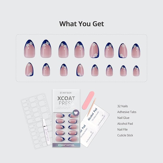 BTArtbox Press On Nails, Blue Blossom, Short Almond, French Tips, 32Ct