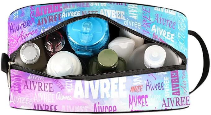 Custom Women Cosmetic Travel Toiletry Bag Painted Blue Pink Watercolor