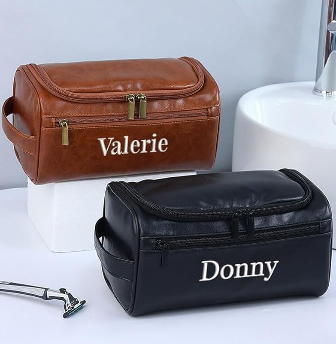 joyinaff Personalized Embroidery PU Leather Travel Toiletry Bag for Men,Stylish Travel Organizer for Travel, Wedding Gift,Customized Monogram Travel Shaving Dopp Kit for Groomsmen (Black)
