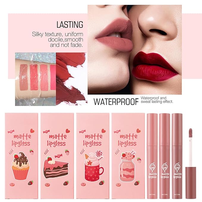 Tiejdhr 3Pcs Nude Matte Lipstick Set, Ice Cream Velvet Smooth Matte Lip Gloss, 24 Hour Natural Long Lasting & Nourishing Lip Glaze Non-stick Cup for Women Makeup (Set C)