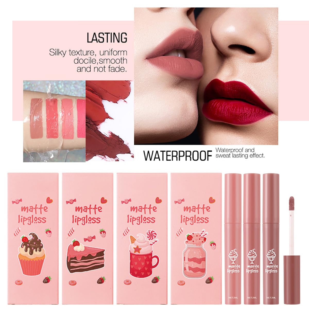 Tiejdhr 3Pcs Nude Matte Lipstick Set, Ice Cream Velvet Smooth Matte Lip Gloss, 24 Hour Natural Long Lasting & Nourishing Lip Glaze Non-stick Cup for Women Makeup (Set C)