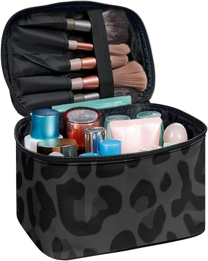 Drydeepin Black Grey Animal Cheetah Leopard Pattern Makeup Bags for Women Large Capacity Travel Organizer Storage Toiletry Pouch with Zipper and Carry Handle Portable Cosmetic Bag