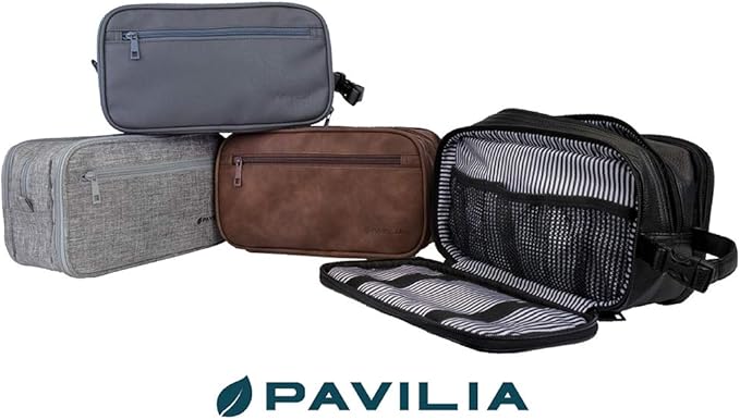 PAVILIA Toiletry Bag for Men, Travel Toiletries Bag | Water-resistant Dopp Kit, Shaving Pouch Organizer for Accessories, Cosmetic, Hygiene, Grooming Essentials (Heather Grey)