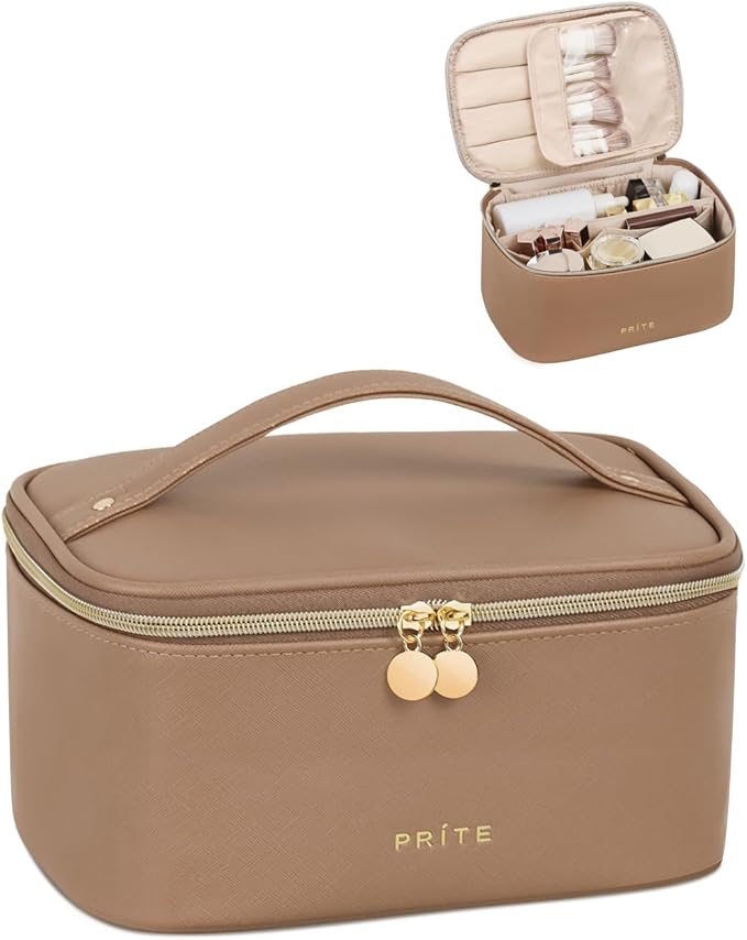 Prite Makeup Bag Travel Cosmetic Case, Women Toiletry bag Organizer, Brown