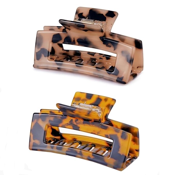Hair Claw Clips Cutout Tortoise Shell Celluloid Hair Jaw Clips 3 Inches French Design Rectangle Hair Clamp for Women Ladies Mother (2 Pack)