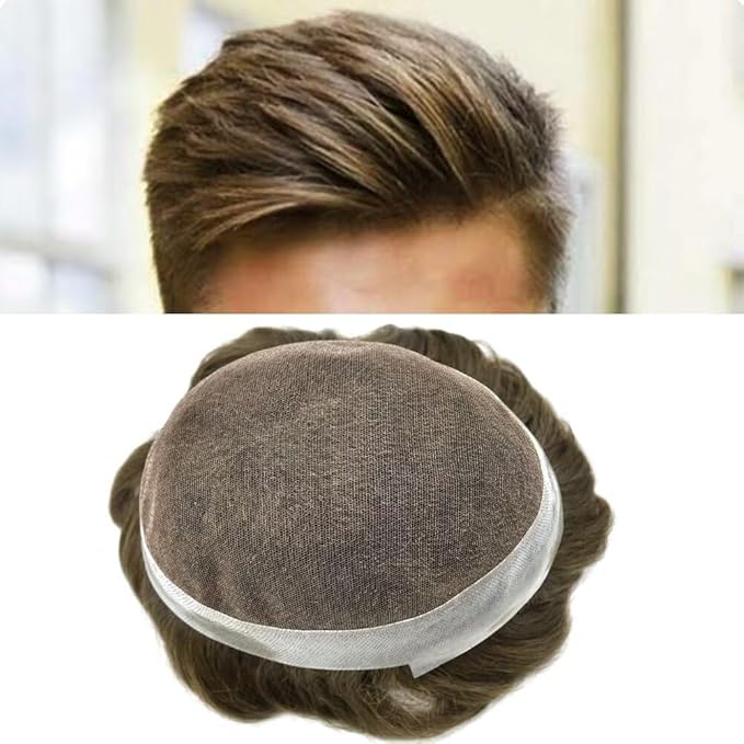 F M FACE MIRACLE NEW YORK Mens Toupee Human Hair Piece French Lace Toupee for Man Hair System Indian Human Hair Replacement Systems V-Looped PU Front Hairpieces 6"X9" 6# LIGHT BROWN