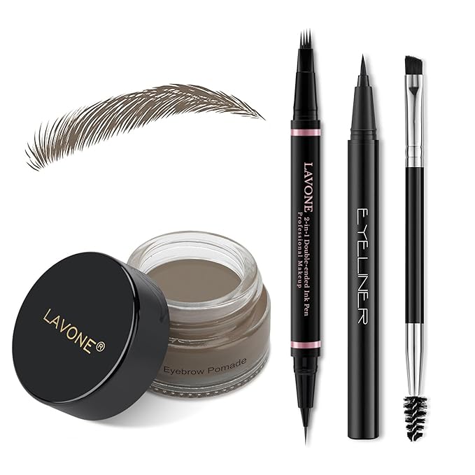 LAVONE Eyebrow Pen Kit, Waterproof Brow Pencil, Pomade, Eyeliner, Dark Grey