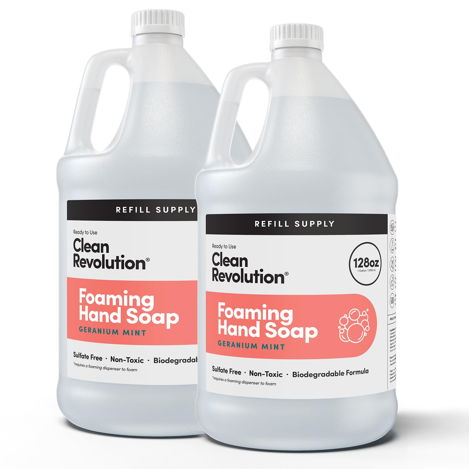 Clean Revolution Foaming Hand Soap Refill with Real Essential Oils, Moisturizing Sulfate-Free Hand Soap, Ready-to-Use Foam Soap Refill for Kitchen & Bathroom (Geranium Mint) 128 Fl Oz, 2 Pack