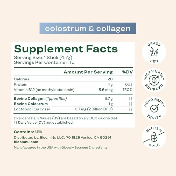 Bloom Nutrition Bovine Colostrum Powder, Unflavored, 15 Servings