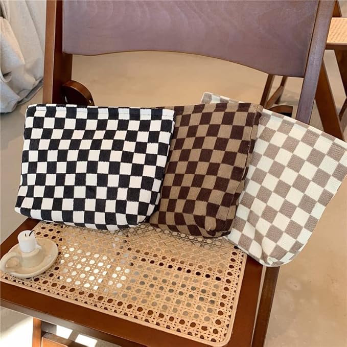 Flat Makeup Bag for Women,Zipper Cosmetic Pouch for Purse,Checkered Black