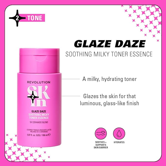Revolution Skin, Glaze Daze Ceramide Soothing Milky Toner Essence, Facial Toner with Ceremides, Soothes & Calms Skin, Vegan & Cruelty-Free, 5.07 fl oz