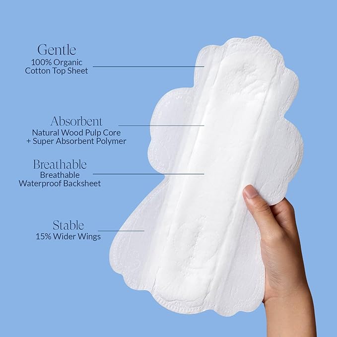 RPE Life 100% GOTS Organic Cotton Period Pads with Wings,Size 4, 48 Count