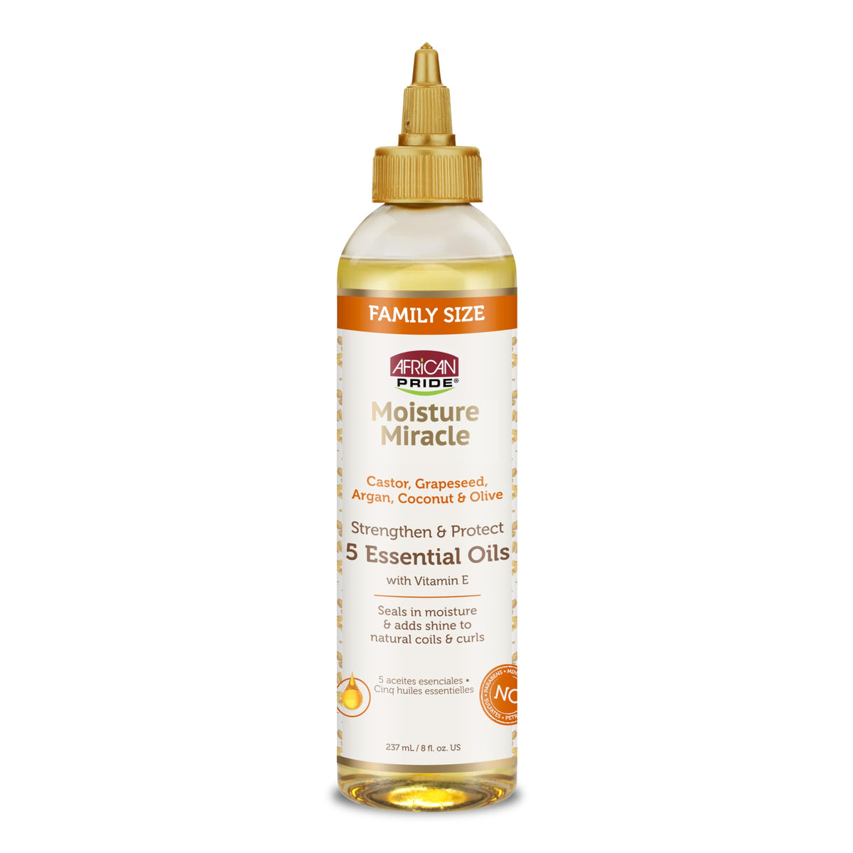 African Pride Moisture Miracle 5 Essential Hair Oils with Vitamin E | Moisture, Shine, Protection, and Growth | Argan, Castor, Grapeseed, Coconut, and Olive Oil | 4 oz