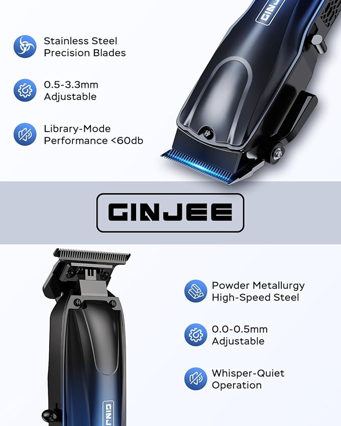 GinJee Professional Hair Clippers for Men Cordless & Corded - Rechargeable Barber Clipper & Trimmer Set with Fade Lever for Home Haircuts, Grooming Kit with Guide Combs, with Travel Case
