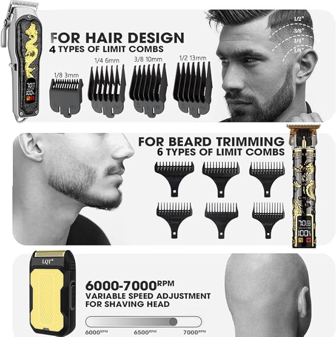 LQT Hair Clippers 3-Piece Men's Professional Cordless Haircutting Set with LED Display, Trimmer, Shaver, Beard Clipper - Gift for man